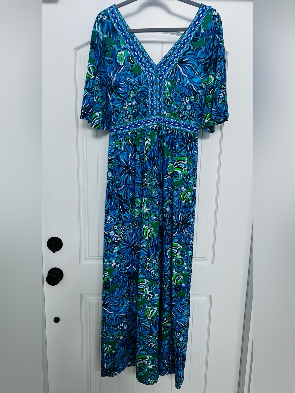 Lilly Pulitzer Women’s Blue Green Floral Maxi Dress Size 10 | V-Neck 3/4 Sleeve - Picture 2 of 10